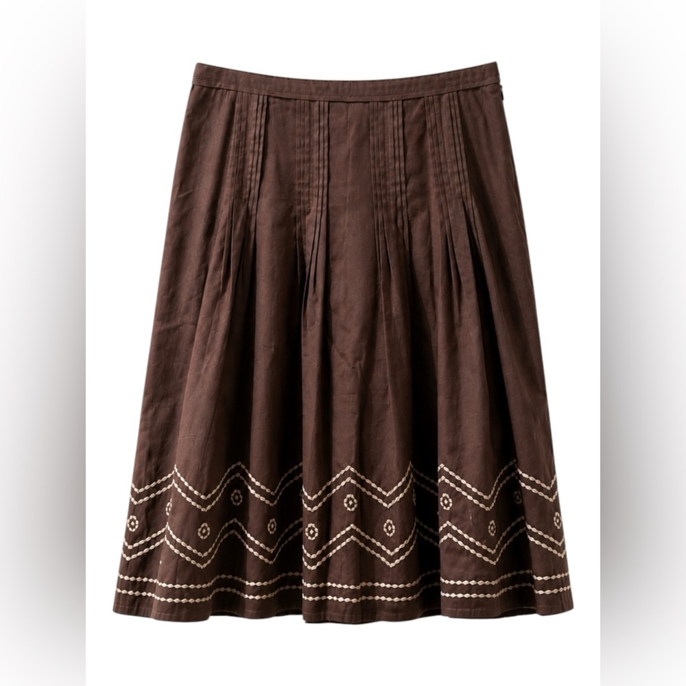 Sundance Brown Embroidered Midi Skirt | Pleated Cotton Western Boho Size 8